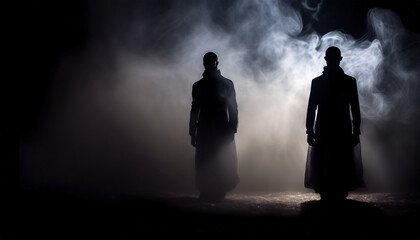 Silhouette of ghosts,people spirits on a dark background. And his shadow in smoke.death day concept, copy space.