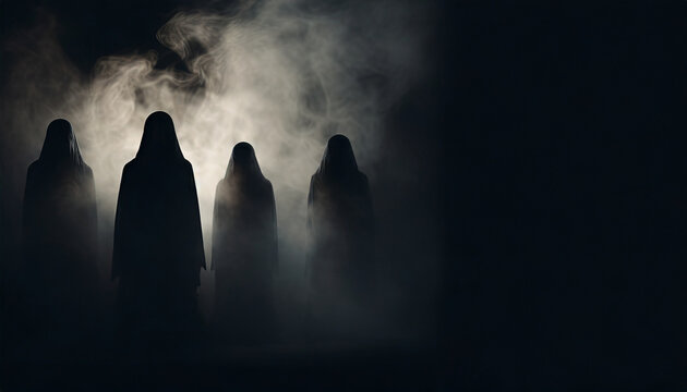 Silhouette of ghosts,spirits on a dark background. And his shadow in smoke.death day concept, copy space.