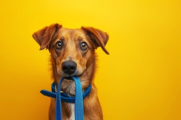 Adorable dog holding leash in mouth on white background