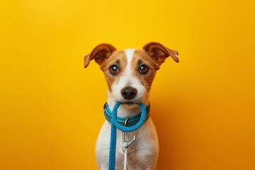 Adorable dog holding leash in mouth on white background - obrazy, fototapety, plakaty