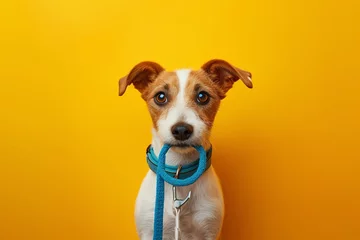 Poster Adorable dog holding leash in mouth on white background © Tim Kerkmann