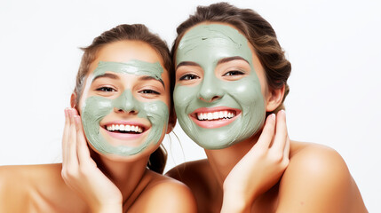Close up shot of two women wears clay mask on face to reduce acnes, has healthy complexion,...