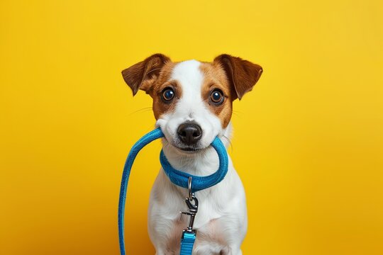 Adorable dog holding leash in mouth on white background