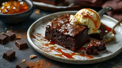 Chocolate brownies with ice cream and caramel sauce on dark background - obrazy, fototapety, plakaty