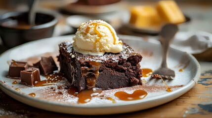 Chocolate brownies with vanilla ice cream and caramel sauce, selective focus - obrazy, fototapety, plakaty