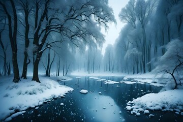 winter forest with fog