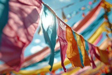 Vibrant Celebration: Decorative Flags of Various Colors Rippling on a Sunny Spring Day - obrazy, fototapety, plakaty