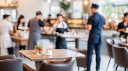 Blurred coffee shop or cafe restaurant, Blurred restaurant background with some people and chefs and waiters working.