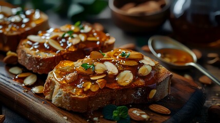 Toasted bread with peanut butter and almonds on a wooden background. - obrazy, fototapety, plakaty