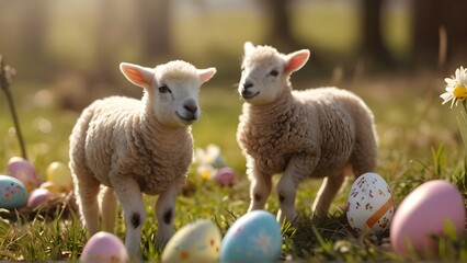 Obraz premium Lambs frolicking in a sunlit meadow with Easter decorations, generative AI, background image