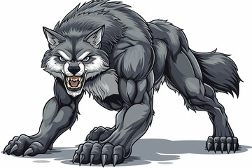 stail cartoon wolf with big muscles - obrazy, fototapety, plakaty