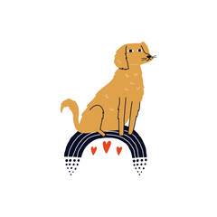 Dog pet on a rainbow. Pet sympathy loss hand drawn illustration