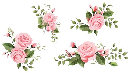 Spring sakura cherry blooming flowers bouquet. Isolated realistic pink petals, blossom, branches, leaves vector set. Design spring tree illustration,generative ai