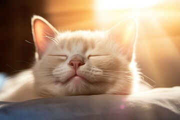 The muzzle of a sleeping cat in the rays of the sun. A resting cat is basking in the sun. Portrait.