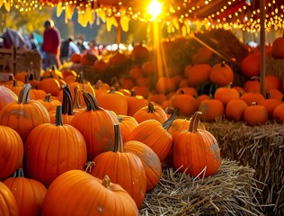 pumpkins on the hay, Halloween pumpkins and holiday decoration in autumn season rural field pumpkin harvest and seasonal agricultur