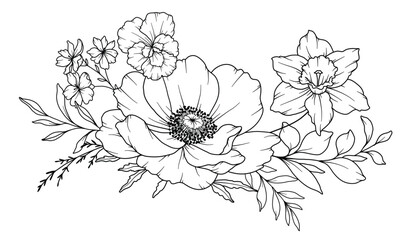 Spring Flowers Line Drawing. Black and white Floral Bouquets. Flower Coloring Page. Floral Line Art. Fine Line Flowers illustration. Hand Drawn flowers. Botanical Coloring. Wedding invitation flowers