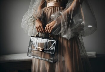 a woman in a sheer dress with a transparent handbag - obrazy, fototapety, plakaty