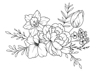 Spring Flowers Line Drawing. Black and white Floral Bouquets. Flower Coloring Page. Floral Line Art. Fine Line Flowers illustration. Hand Drawn flowers. Botanical Coloring. Wedding invitation flowers