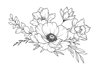 Spring Flowers Line Drawing. Black and white Floral Bouquets. Flower Coloring Page. Floral Line Art. Fine Line Flowers illustration. Hand Drawn flowers. Botanical Coloring. Wedding invitation flowers