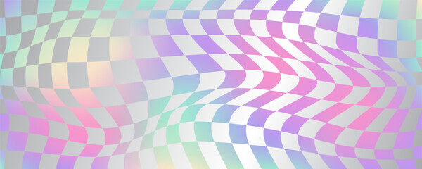 Checkerboard wavy pattern. Abstract holographic chessboard vector print. Y2k psychedelic optical foil grid. Swirl rainbow geometric retro design