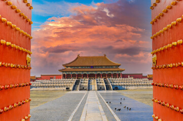Sunrise at Beijings Forbidden City, featuring the Hall of Supreme Harmony.