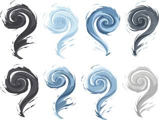 Fototapeta premium Collection of swirling gusts of wind in different shades of blue and gray. Air movement, breeze curls, and whirlwinds vector illustration.