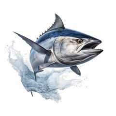 Tuna jumping out of the water, massrealism, sketchfab, photorealistic hyperbole, animated gifs, isolated on white background
