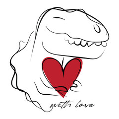 Hand drawn line art of dinosaur holding heart.