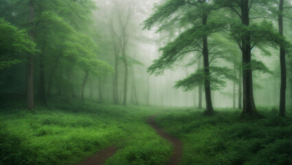 Fototapeta na wymiar Fog in the green forest meadow with path panorama image