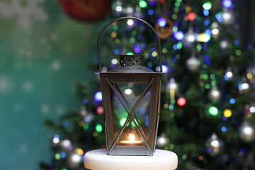 Lantern on christmas tree background