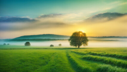 Fototapeta na wymiar Landscape green field with the beautiful sunrise, a blossoming meadow and fog, panorama AI Generated