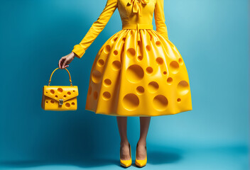 a woman wearing a yellow dress designed like yellow cheese, with a handbag