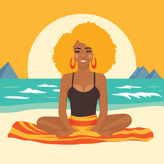African American woman meditating on beach towel, sunny seaside scene. Black female practicing yoga, peace and wellness vector illustration.