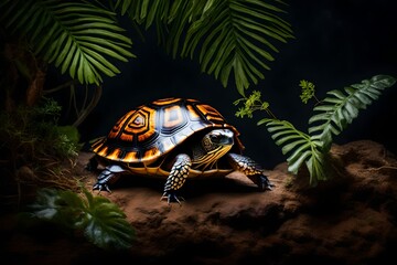  a lush, sunlit habitat. Impeccable lighting accentuates its intricate shell and the vibrant surroundings, creating a super realistic depiction that celebrates the beauty of this species.