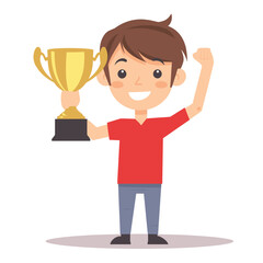 Young boy in red shirt holding a gold trophy and celebrating victory with a cheerful smile. Success and achievement concept vector illustration.