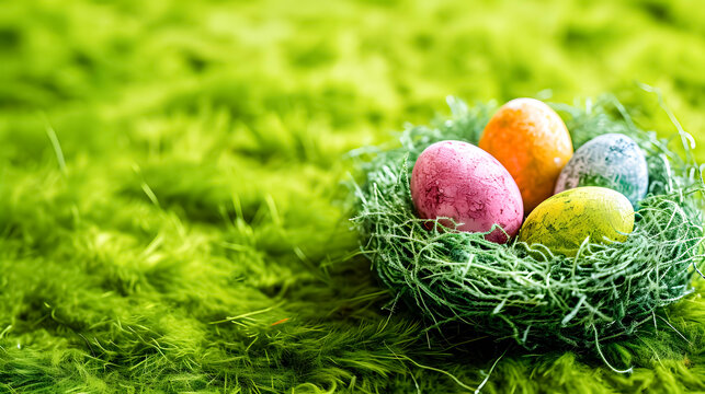 A nest of colorful Easter eggs on the grass.