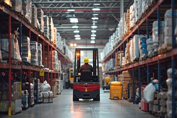 Photo of a man operating a forklift in a busy warehouse - obrazy, fototapety, plakaty