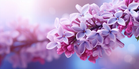 flowers in spring,Fresh lilac blossom beautiful purple flowers. Neural network AI generated,Beautiful smell violet purple lilac blossom flowers in spring time. Close up macro twigs of lilac selective  - obrazy, fototapety, plakaty