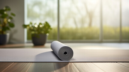 Yoga Mat on Hardwood Floor, rolled yoga mat lies on a sunlit hardwood floor near a window, symbolizing mindfulness and the start of a rejuvenating practice