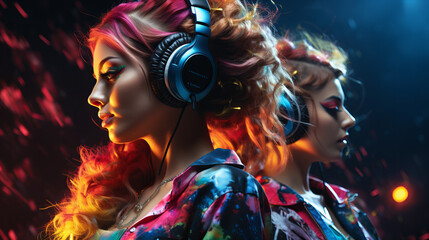 Two DJ girl in Colorful neon light enjoy music, friends, neon nightclub vibes. Model woman in...