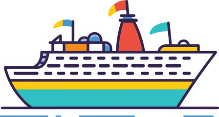 Colorful cruise ship at sea vector illustration. Travelling by boat, ocean liner voyage, nautical vessel.