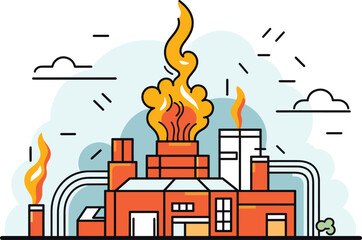 Cartoon factory with smokestacks emitting flames. Industrial building with orange walls, pipes, and pollution. Environmental impact, industrial emissions vector illustration.