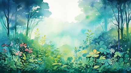 Fototapeta na wymiar Mystical jungle field in watercolour palette.