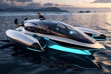 A futuristic yacht with a gorgeous view of the planet in cold boundless space in high resolution,...