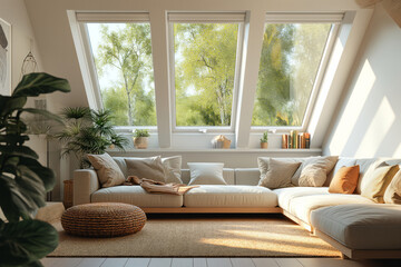 Obraz premium Design of modern living room with large mansard windows in frontal perspective. Modern luxury villa with attic window and domestic plants