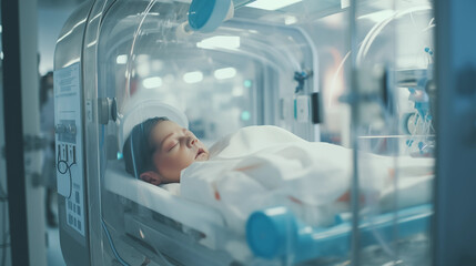 Baby sleeping in the incubator - obrazy, fototapety, plakaty
