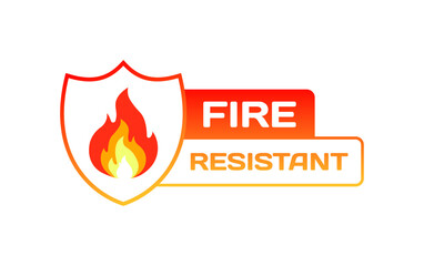 Fire resistant sign. Flat, red, fire icon in shield, fire resistant icon. Vector icon