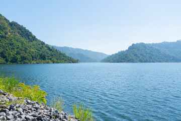 Mountain and water source from dam .Khun Dan Prakan Chon Dam, Thailand.