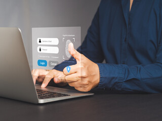Businesswoman logged in to the system with a fingerprint on the virtual screen.