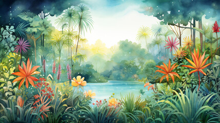Fototapeta na wymiar Mystical jungle field in watercolour palette.